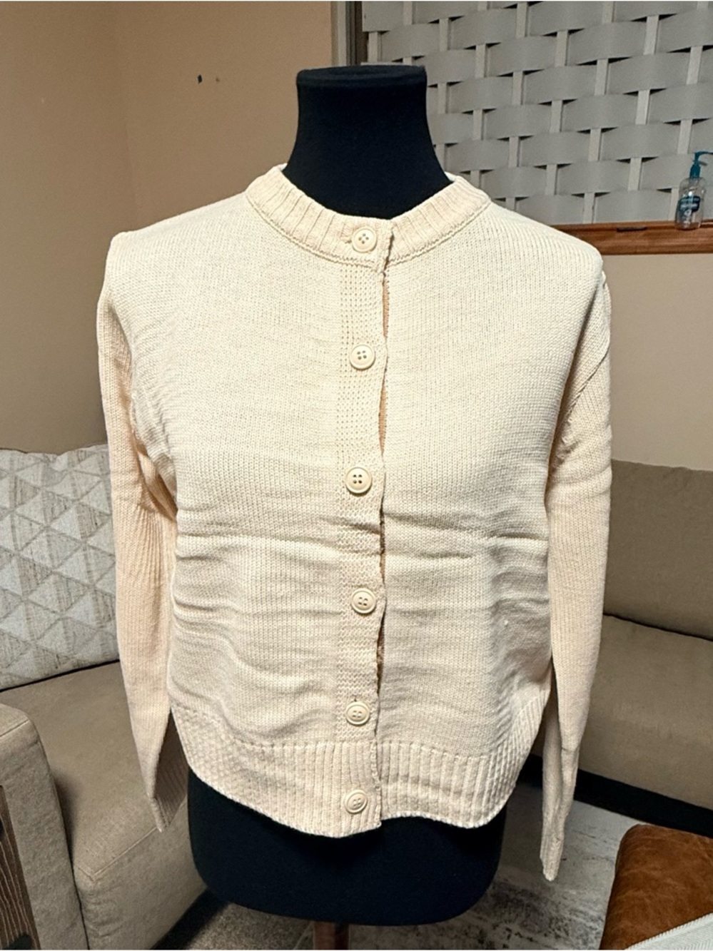 Classic Crewneck Button-Front Sweater Cardigan - Cream
